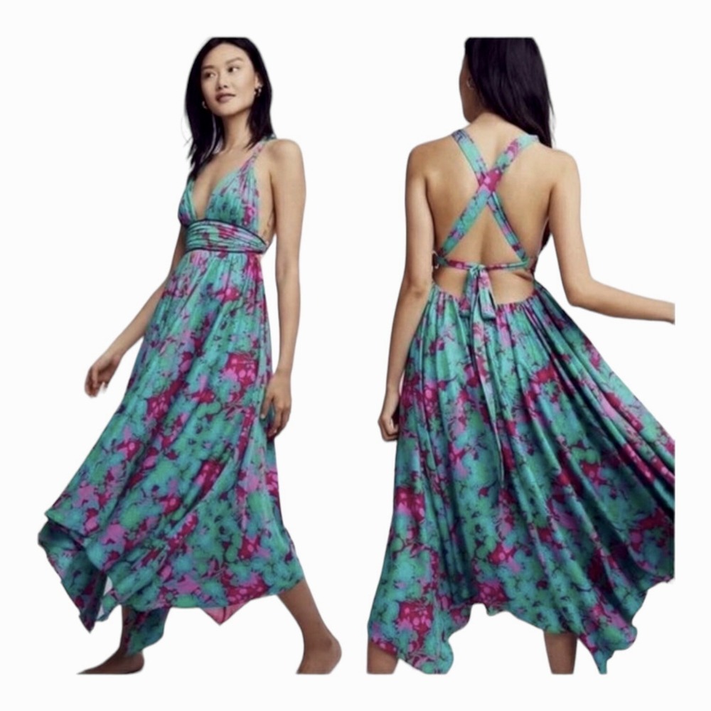 FREE PEOPLE Summer Nights Floral Pink Fuchsia Teal Maxi Dress Size Small